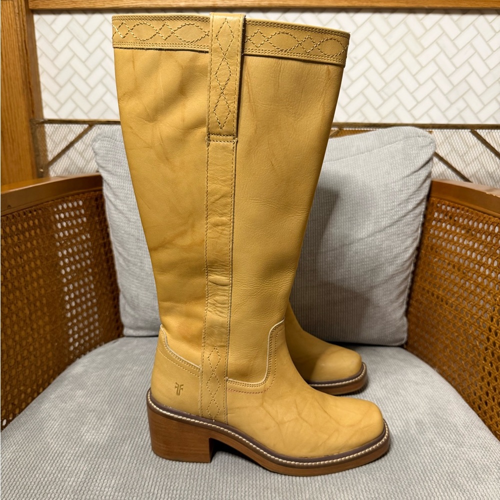 Frye Tall Leather Heeled Boots in Mustard Yellow - Picture 3 of 10
